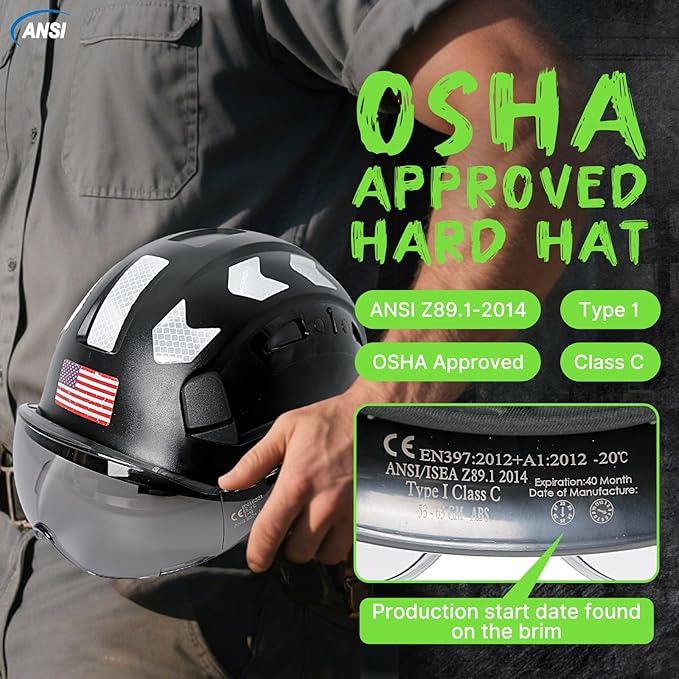 AOLAMEGS Construction Safety Hard Hat - ANSI Z89.1 Type Ι OSHA Approved Safety Helmets with Chin Straps Lightweight Reflective Vented ABS Hard Hats For Men Women Industrial Workwear 6-point Suspension-StrideForce Fitness