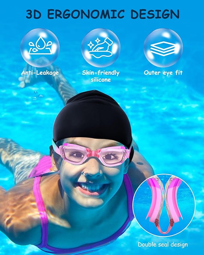 Kids Swim Goggles, Swimming Goggles for Kids Toddlers 3-14 with Swim Cap, Nose Clip, Nose Bridge, Ear Plugs-StrideForce Fitness