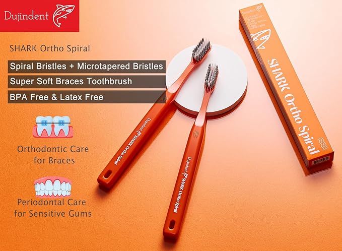 Orthodontic Toothbrush for Braces [4 Packs][Made in Korea] V Trim Cutting USA Bristles Braces Toothbrush for Brackets and Wires Cleaning (Shark Ortho Spiral, 4 Pack)