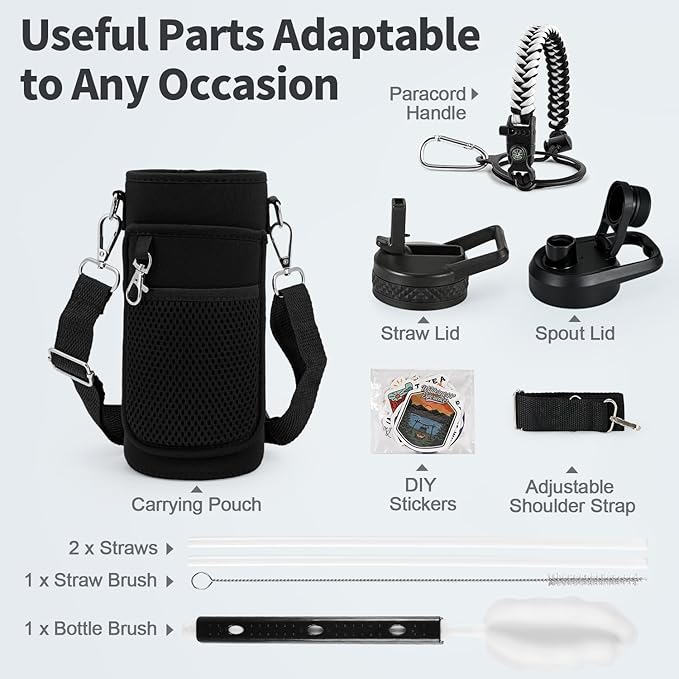 40 oz Insulated Water Bottle with Straw (Cold for 48 Hrs), Stainless Steel Triple Wall Vacuum Sports Water Jug, Leakproof Hydro Cup Flask with Paracord Handle & Straw Spout Lids & DIY Stickers-StrideForce Fitness