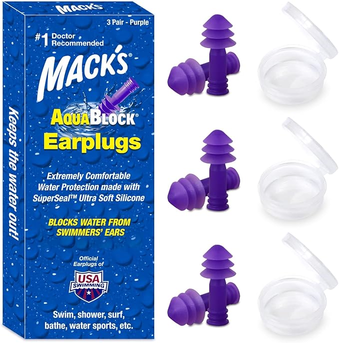 Mack's AquaBlock Swimming Earplugs, 3 Pair - Comfortable, Waterproof, Reusable Silicone Ear Plugs for Swimming, Snorkeling, Showering, Surfing and Bathing (Purple)-StrideForce Fitness