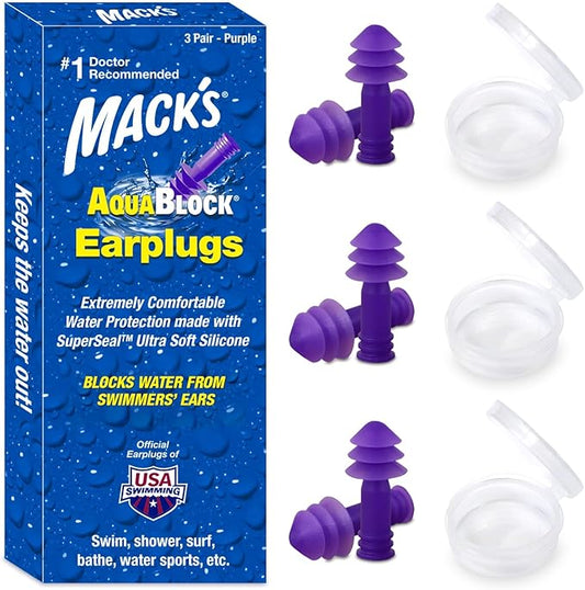 Mack's AquaBlock Swimming Earplugs, 3 Pair - Comfortable, Waterproof, Reusable Silicone Ear Plugs for Swimming, Snorkeling, Showering, Surfing and Bathing (Purple)-StrideForce Fitness