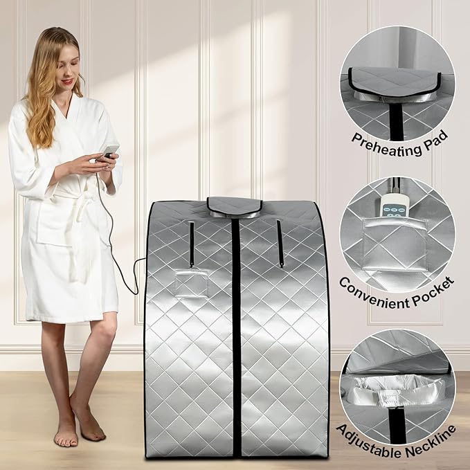 Smartmak Far Infrared Sauna, Full Body One Person SPA Set with Portable Time & Tempreture Remote Control, Heating Foot Pad and Foldable Reinforced Chair(L 27.6’’ x W 31.5’’ x H 37.8’’) - Black Border-StrideForce Fitness