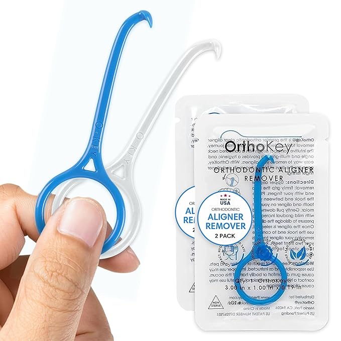 OrthoKey Retainer & Aligner Removal Tool - Dental-Grade Orthodontic Supplies for Invisible Braces, Cleaning & Travel - Bracket & Denture Remover (2-Pack) Blue & White