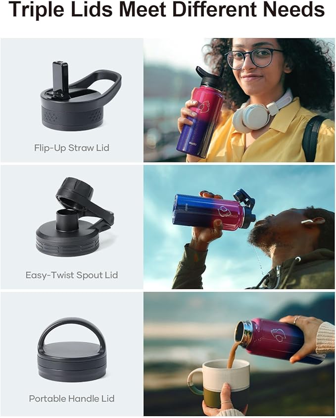 BUZIO 32 oz Water Bottle Insulated with Straw & 3 lid and Carrying Pouch, Leak Proof Anti-Slip Stainless Steel Water Flask Jug, Cold for 48 Hrs Double Vacuum Thermo Canteen, Pearlescent Red Black-StrideForce Fitness