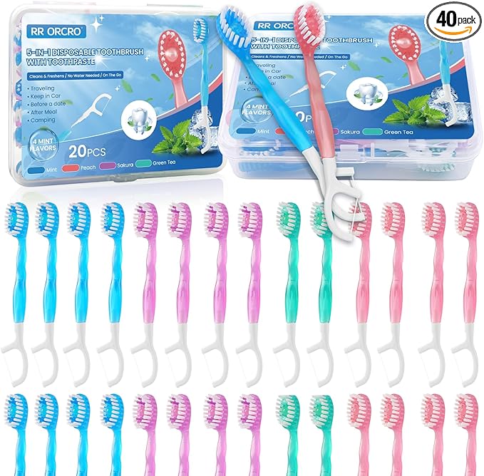 40Pack Mini Disposable Toothbrushes 5-in-1 Portable Pre-Pasted Travel Toothbrush with Toothpaste Tongue Scraper Floss Pick Individually Wrapped Box Small Prepasted Travel Toothbrush for Kids Adults