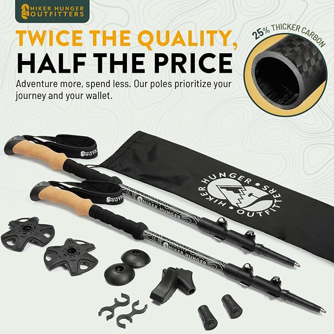 100% Carbon Fiber Trekking Poles by USA Brand - Ultra Strong Lightweight Collapsible Hiking Poles with Cork and EVA Foam Grips & Quick Adjustable Flip Locks-StrideForce Fitness