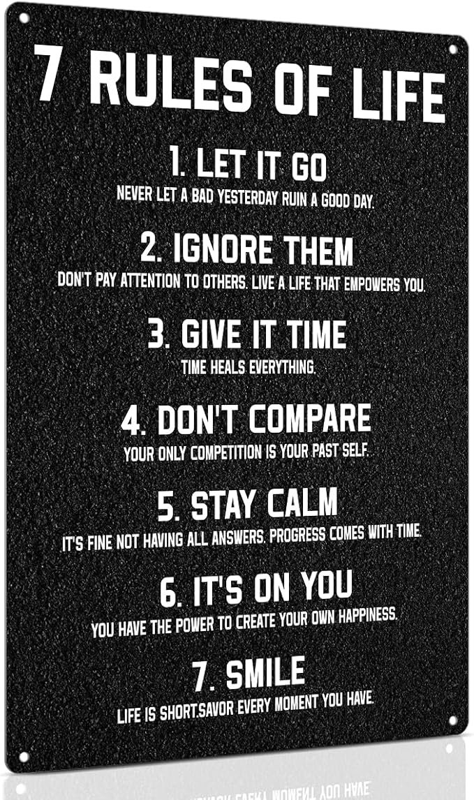 ALKB Inspirational Metal Sign for Teen Bedroom Decor - Motivational Wall Decor for Bedroom Office Girls, Boys, Teenager - 7 Rules of Life 8x12 Inch-StrideForce Fitness
