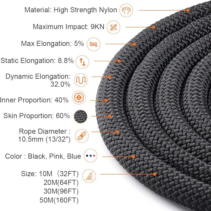 X XBEN Outdoor Climbing Rope 10M(32ft) 20M(64ft) 30M(96ft) 50M(160ft) 70M(230ft) 152M(500FT) 352M(1000FT) Static Rock Climbing Rope for Escape Rope Ice Climbing Equipment Fire Rescue Parachute-StrideForce Fitness