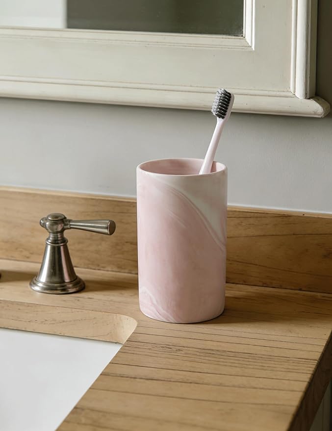 Kelake Ceramic Rustic Pink Marble Bathroom Tumbler Cup for Mouthwash Rinsing Toothbrush and Toothpaste Holder Stand Cups 280 ml Porcelain Milk Drinking Cups for Christmas Birthday