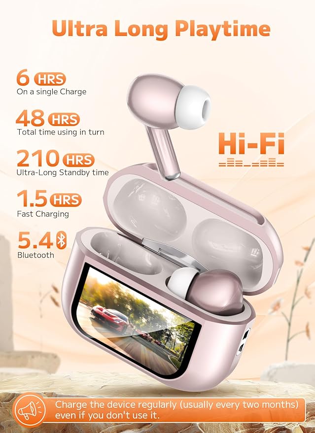 Wireless Earbuds, Bluetooth 5.4 Ear Buds with Multifunctional Touch Screen, ANC/ENC Noise Cancelling Headphones with 48H Playtime, Bass Stereo Sound, for Laptop, Android/iOS, Pad, Rose Gold-StrideForce Fitness