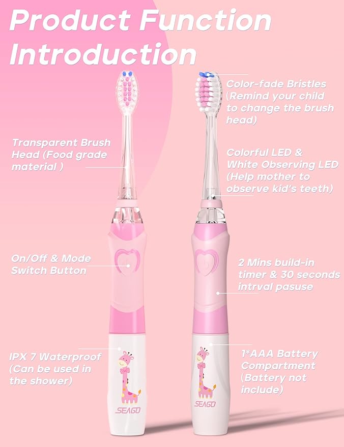 SEAGO Kids Electric Toothbrush with 2 Mins Timer and 4 Replacement Bursh Heads, Rainbow LED Light Make Brushing Fun, Pink Color Girls Battery Powerd for 4-12 Years Old，SG-977