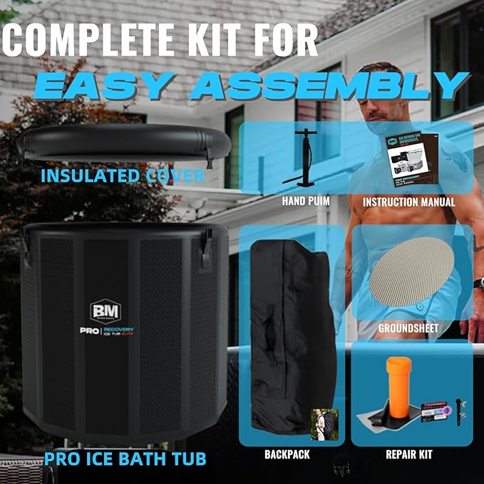 Inflatable Ice Bath Tub for Athletes - Cold Plunge Tub Compatible Water Chiller, Insulated Lid, EVA Groundsheet, Backpack, 130 Gallon, 39" L x 39" W x 35.4" H-StrideForce Fitness