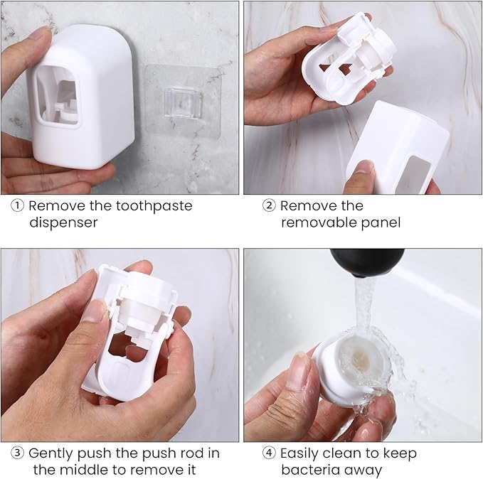 2 Slots Wall Mount Toothbrush Holder with Cover, Self Adhesive Toothbrush Storage Organizer for Shower Waterproof and Dustproof, with Automatic Toothpaste Squeezer Dispenser for Family & Travel