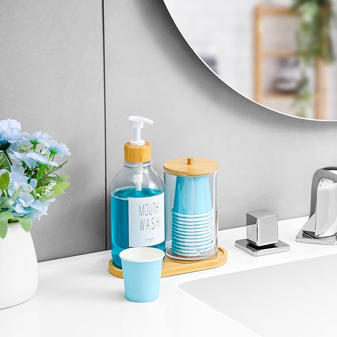 VITVITI Mouthwash Dispenser for Bathroom, Mouth Wash Pump Bottle with Paper Cup Holder, 17Oz Refillable Clear Mouthwash Container with Bamboo Lid/Tray/Label