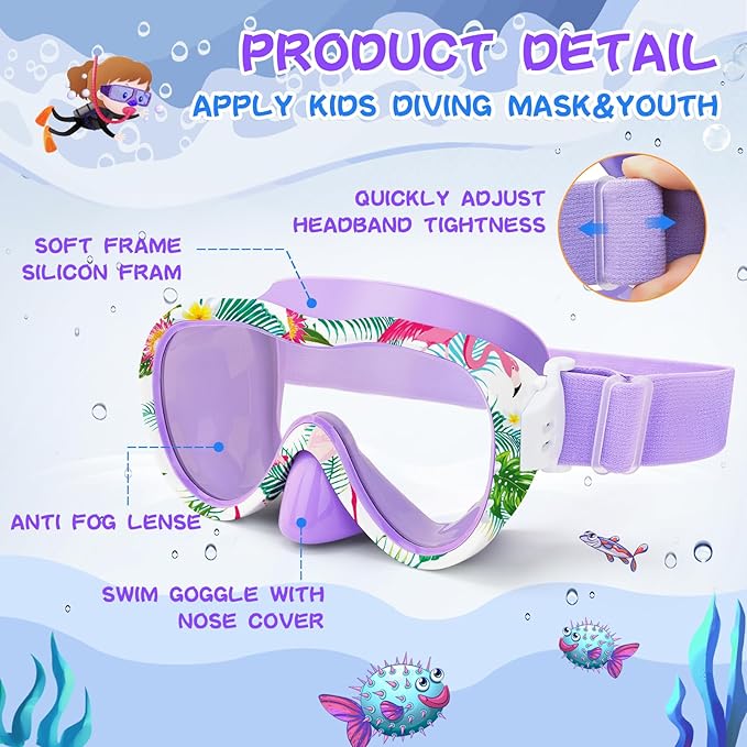 Kids Swim Goggles with Nose Cover, 180° Panoramic Snorkel Mask with Anti-Fog & Anti-Leak Design, Comfort Fabric Strap UV Protection Lens for Boys Girls Ages 3-15-StrideForce Fitness