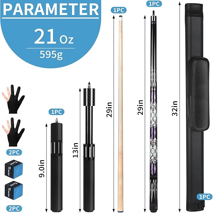 Kmise Professional Pool Cue Stick - 19 20 21oz Canadian Maple Cue Sticks, Low Deflection Shaft with Telescopic Carbon Fiber Extension, Pool Sticks for Aults, Billiard Cue Sticks with Leather Cue Case-StrideForce Fitness
