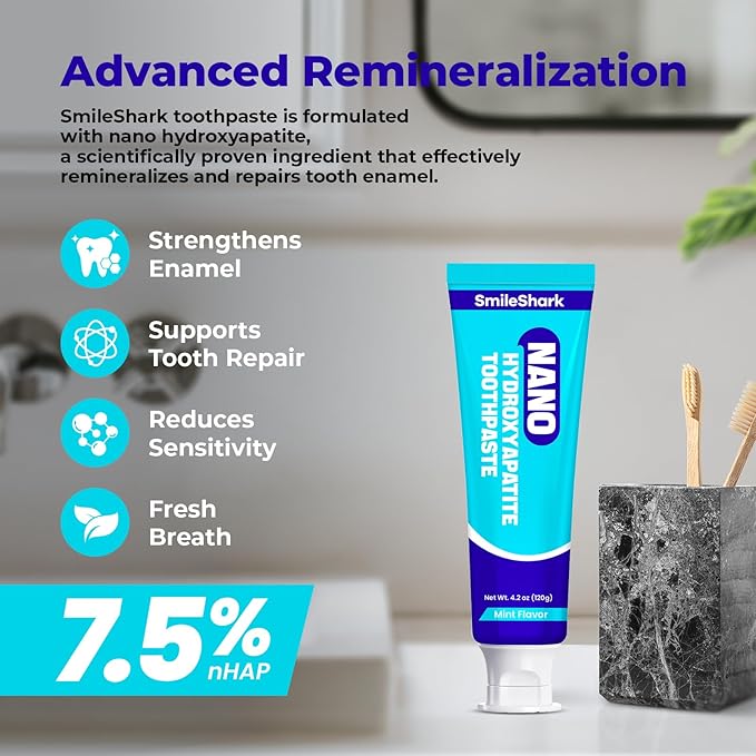SmileShark Nano Hydroxyapatite Toothpaste (4.2 Oz), Fluoride Free Toothpaste with Mint Flavor, Remineralizing for Sensitive Teeth, Gentle and Effective Formula for Enamel Repair & Whitening