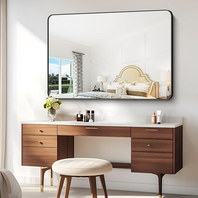 55x36 inch Bathroom Mirror,Black Rectangle Mirror,Wall Mounted Bathroom Frame Vanity Mirror with Round Corner for Bedroom Living Room, Entryway Hangs Horizontal or Vertical-StrideForce Fitness