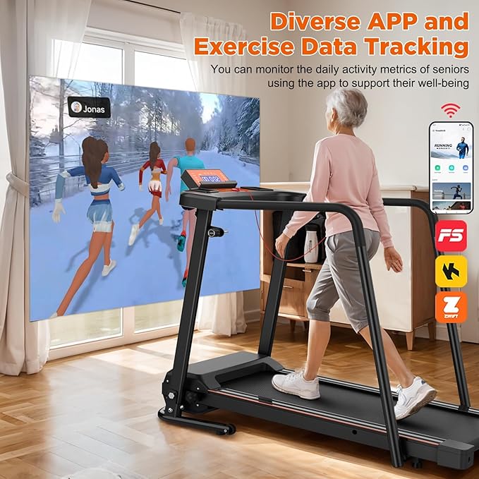 Foldable Walking Treadmill for Seniors with Long Handrails, APP Control & 3D Virtual Scenes – 3.0HP Quiet Motor, 300 lb Capacity, Shock Absorption – Ideal for Home, Office & Small Spaces-StrideForce Fitness