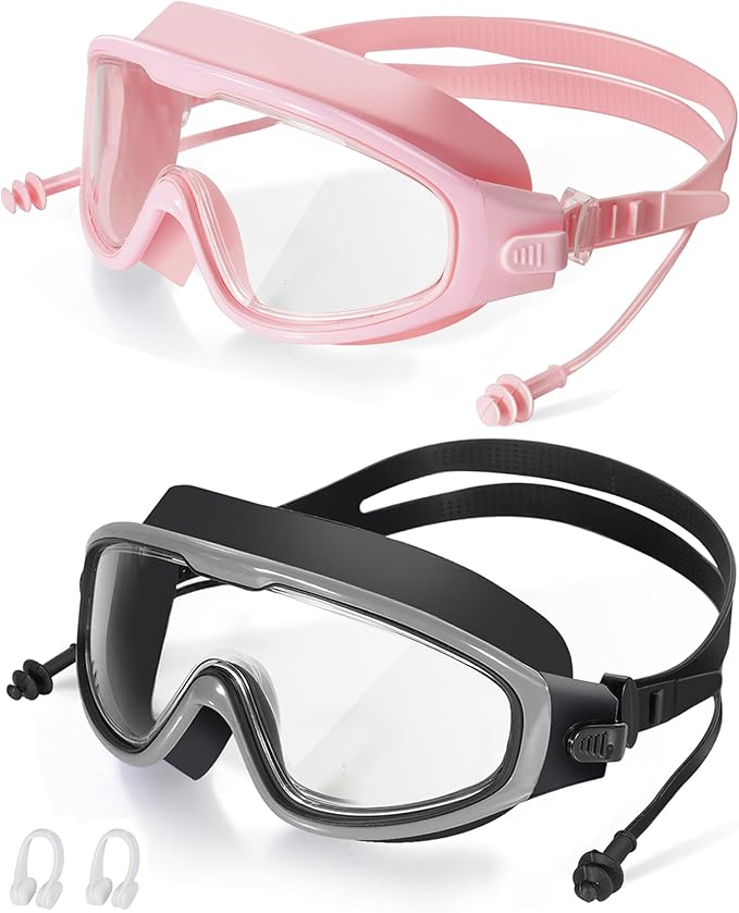 Adult Swimming Goggles,Leak-Proof,Anti-Fog Pool Glasses,Wide View Swim Goggles with Ear Plugs and Nose Clip-StrideForce Fitness