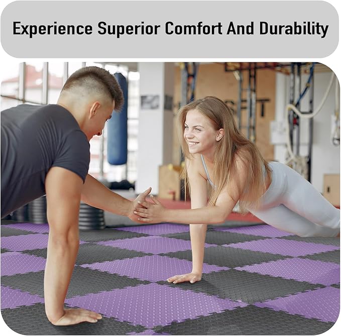 AIRHOP Upgraded 0.79" Extra Thick 48 Sq Ft High-Density Eva Foam Exercise Gym Mats, 12 Pcs Large Interlocking Puzzle Floor Tiles (24"x24") for Home Gym, Black&Purple-StrideForce Fitness