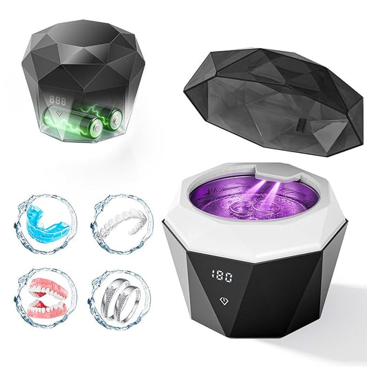 15W Ultrasonic Retainer Cleaner with 2 * 2000mAh Rechargeable Battery, LUMYSPACE 43±5KHz Denture Cleaner Machine, Digital Timer & U-V-C Lights for Braces Night Guard Mouthguard Aligners Jewelry
