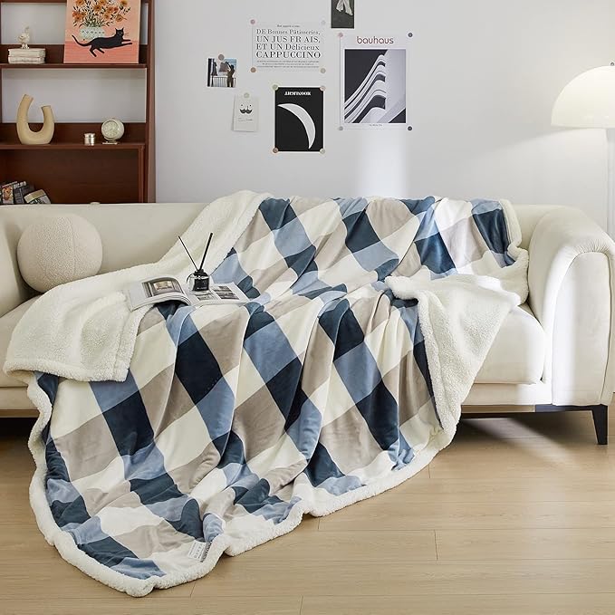 PU MEI Sherpa Fleece Throw Blanket 80" x 90" Full/Queen Reversible Plush Fluffy Extra Large Big Blanket Lattice Flannel Blankets for Sofa Couch Bed (Grey-Soft Blue, 80"*90")-StrideForce Fitness