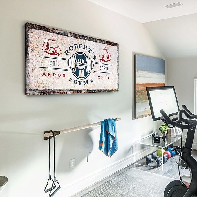 Tailored Canvases Personalized Gym Sign Wall Art Decor - Motivational Canvas for Home Gym, Workout Room, Garage, Fitness Center - Workout Inspirational Posters - One Hand with Dumbbell on Rustic, 20x10in-StrideForce Fitness