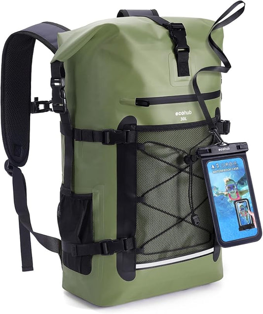 ECOHUB Waterproof Backpack for Women Men, 30L Roll-Top Closure Heavy Duty Dry Bag for Travel with IPX8 Waterproof Phone Case-StrideForce Fitness
