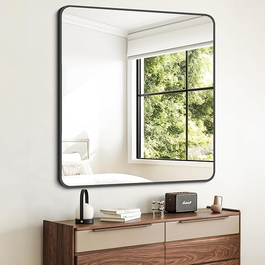 FORBATH Bathroom Mirror 36" x 36"，Large Square Wall Mirror with Black Aluminum Frame Rounded Corner, Wall Mounted Mirror for Bathroom Bedroom Entryway Living Room-StrideForce Fitness