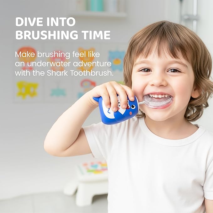 Well Before Kids U Shaped Electric Toothbrush with 5 Brush Heads, Ultrasonic, 5 Modes, IPX7 Waterproof Design (Shark, Grey Ages 2-7)