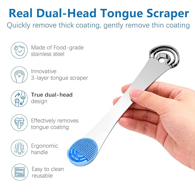 Tongue Scraper for Adults, 3-Layer Stainless Steel Tongue Scraper Metal Tongue Cleaner Tongue Scrubber, Reduce Bad Breath, with Soft Silicone Tongue Brush