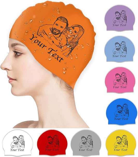 Custom Swim Cap with Photo Personalized Silicone Swim Cap for Men and Women Swimming Customized Swimmers Cap for Short and Medium Length Hair-StrideForce Fitness