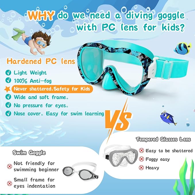 Kids Swim Goggles with Nose Cover, 180° Panoramic Snorkel Mask with Anti-Fog & Anti-Leak Design, Comfort Fabric Strap UV Protection Lens for Boys Girls Ages 3-15-StrideForce Fitness
