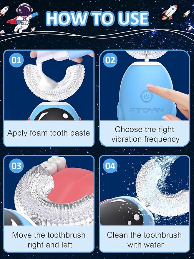 FTOYIN Kids Electric Toothbrush with 3 Brush Heads, U Shaped Ultrasonic Toothbrush Kids with 5 Modes, 45s Smart Reminder, 360-Degree Automatic Cleaning, IPX7 Waterproof Design