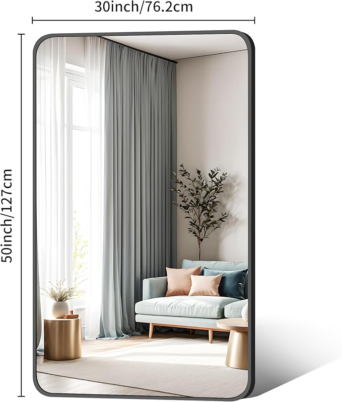 30 x 50 Inch Bathroom Mirror, Matte Black Wall Mirror with Metal Frame, Decorative Rectangular Vanity Mirror for Bedroom Bathroom Living Room Entryway (Horizontal/Vertical)-StrideForce Fitness