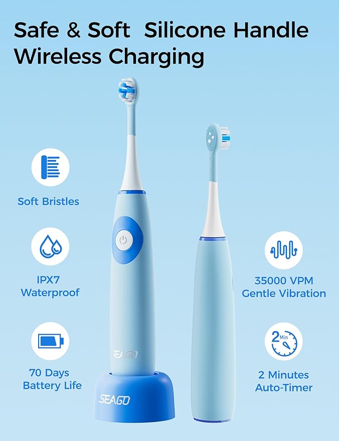 SEAGO Kids Electric Toothbrushes for Ages 5-8 with 2 Sizes Soft Brush Heads, Soft Silicone Handle, 2-Min Timer, IPX7 Waterproof, 35000VPM, Rechargeable 70 Day Battery Life with Charging Base (Blue)