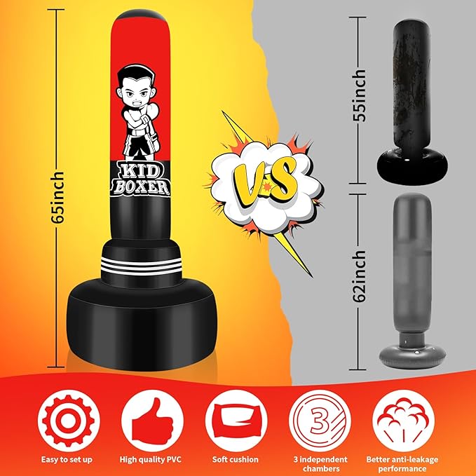 Punching Bag for Kids Set 65" Large Three-Tier Design Stable, Inflatable Boxing Bag Set Toy with Boxing Gloves and Electric Air Pump, Kid Standing Bag for Boys Girls Age 3-15 Training Karate..-StrideForce Fitness