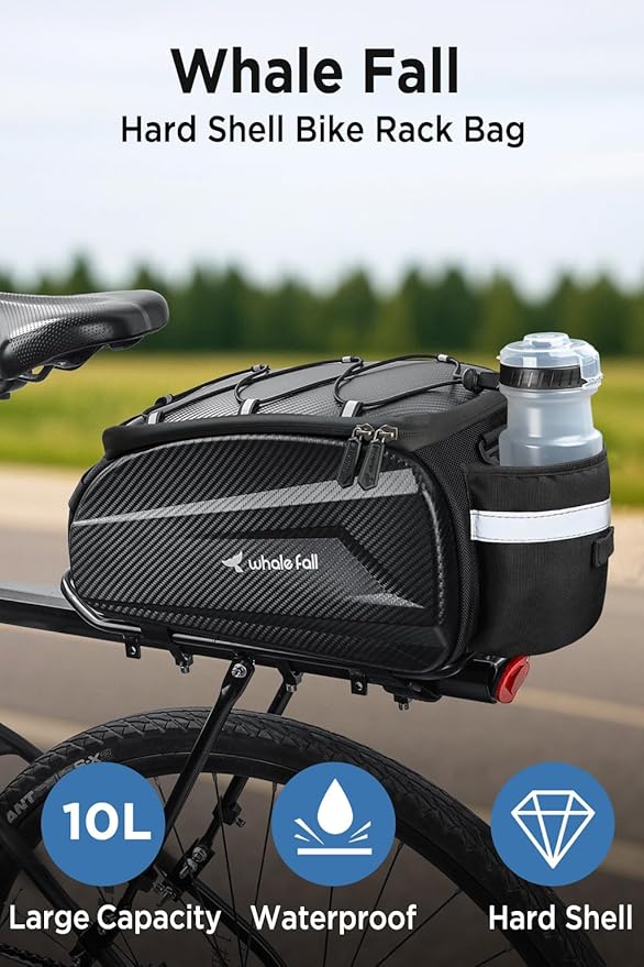 whale fall 10L Bike Rack Bag – Hard-Shell Waterproof Rear Trunk Pannier with Rain Cover, 4-Side Reflective Panels, Bike Accessories for Commuter, Road, Mountain, E-Bike-StrideForce Fitness