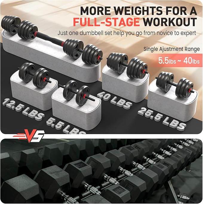 Adjustable Dumbbells, 20/30/40/55/60/70/80/90lbs Free Weight Set with Connector, 2 or 3 in 1 Dumbbells Used as Barbell, Kettlebells, Fitness Exercises for Home Gym Suitable for Men/Women-StrideForce Fitness