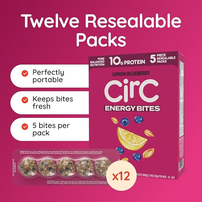 CirC Energy Bites - 12 Pack Lemon Blueberry Gluten Free Protein Balls - 10g Protein, Whole Grains, Nuts & Fruit - Portable Healthy Snacks for Adults & Kids, 5 Piece Resealable Packs-StrideForce Fitness