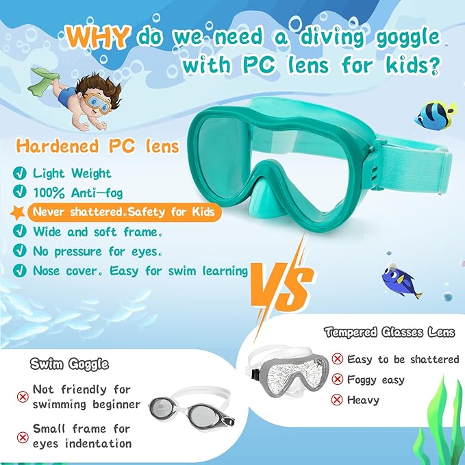 Kids Swim Goggles 180° Snorkel Diving Mask with Nose Cover, Anti-Fog Kids Swimming Goggles with Elastic Fabric Strap for Kids Boys Girls-StrideForce Fitness