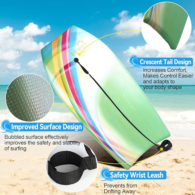 Body Board Lightweight with EPS Core, HDPE Slick Bottom, Leash & Adjustable Wrist Rope, Great Surfing for Kids and Adults-StrideForce Fitness