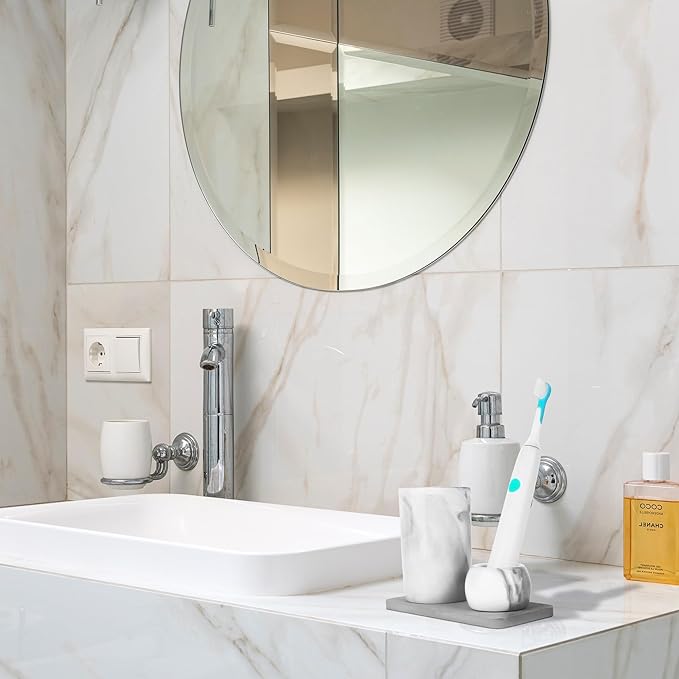 Ceramic Toothbrush Holder & Toothbrush Cup with Diatomite Tray for Bathroom, Bathroom Tumbler Cups Reusable Toothbrush Mouthwash Cup, Shower Counter Storage Organizer (Grey)