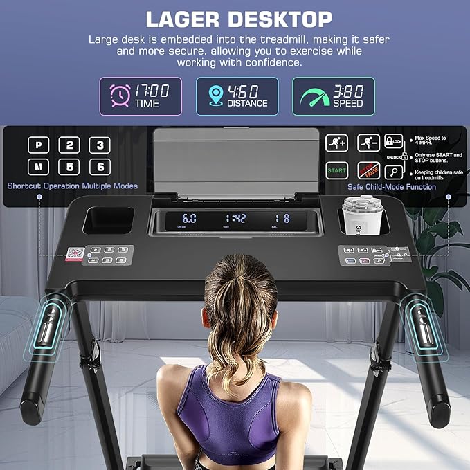 Treadmill with Desk Workstation & Adjustable Height, 300 LBS Weight Capacity, Folding Treadmill with 3 Level Incline, Bluetooth Speaker & App, Portable 2.5HP Walking Pad with Desktop for Home Office-StrideForce Fitness