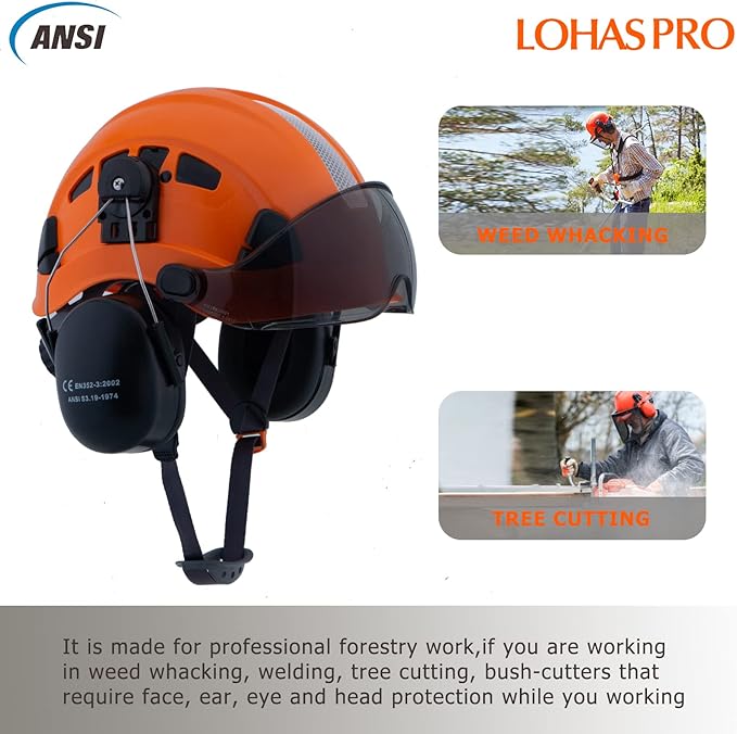 LOHASPRO Arborist Forestry Helmet Safety Hard Hat with Visor and Ear Muffs for Tree Service Logging Cutting Wood Chainsaw Helmet Garden Work Mowing(P91 Orange+Smoked Visor+Earmuff)-StrideForce Fitness
