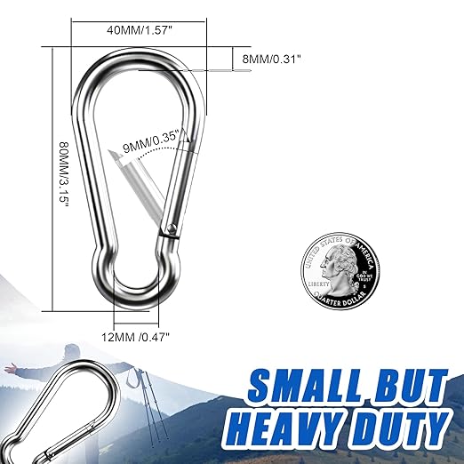 Carabiner Clip Hooks, 15pcs 3.15 inch Carabiners Heavy Duty, 304 Stainless Steel Spring Snap Hook Fits Camping Hiking, Metal Clips for Rope Chain Keys Rings-StrideForce Fitness