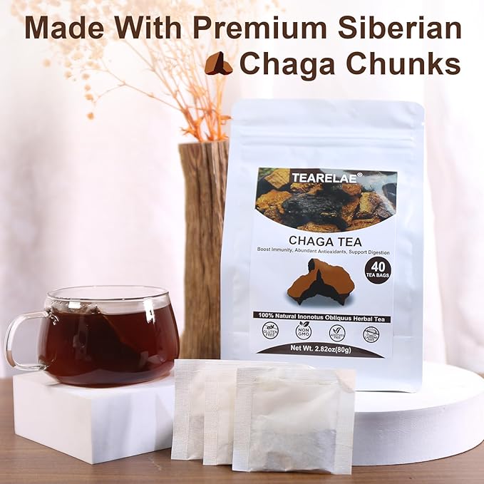 TEARELAE - Chaga Tea - 2g x 40 Count - Wild Harvest from Siberia - 100% Pure Natural Chaga Mushroom Tea Bag - Additive-Free - Non-GMO - Caffeine-free-StrideForce Fitness
