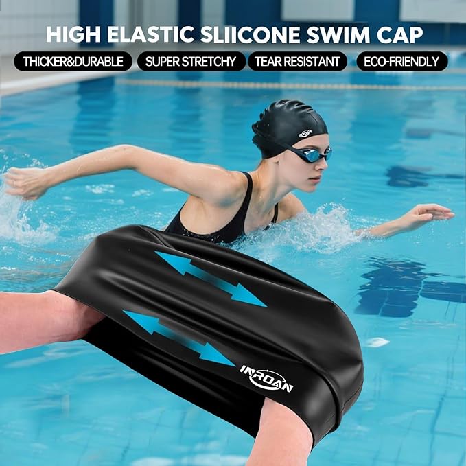 Large Thick Hair Swim Cap with Extra Room for Women Men, Premium Silicone Swimming Cap for Long Hair with Ear Plugs Nose Clip Set, Adult Waterproof Swim Hats Bathing Caps to Keep Hair Dry-StrideForce Fitness